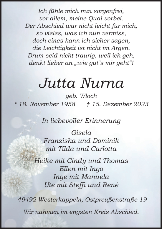 Traueranzeige von Jutta Nurna von Neue Osnabrücker Zeitung GmbH & Co. KG