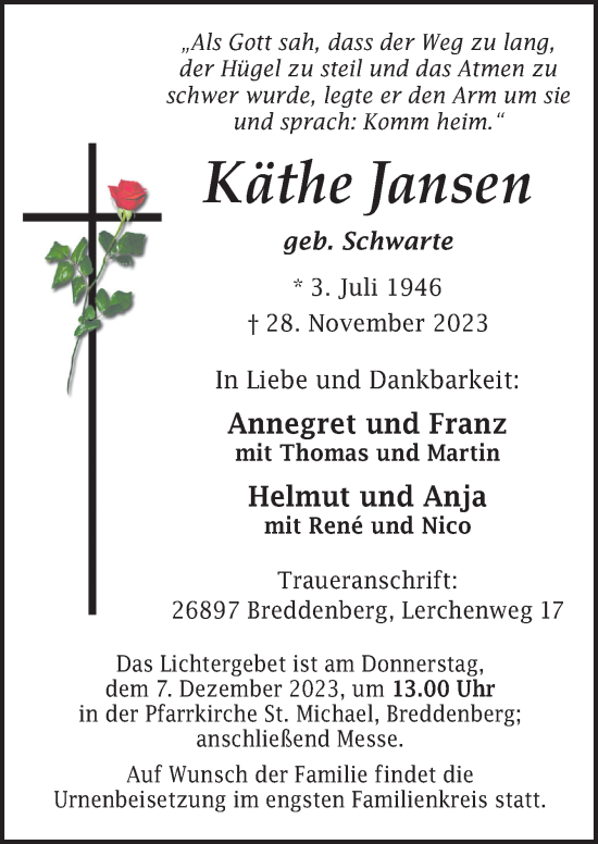 Traueranzeige von Käthe Jansen von Neue Osnabrücker Zeitung GmbH & Co. KG
