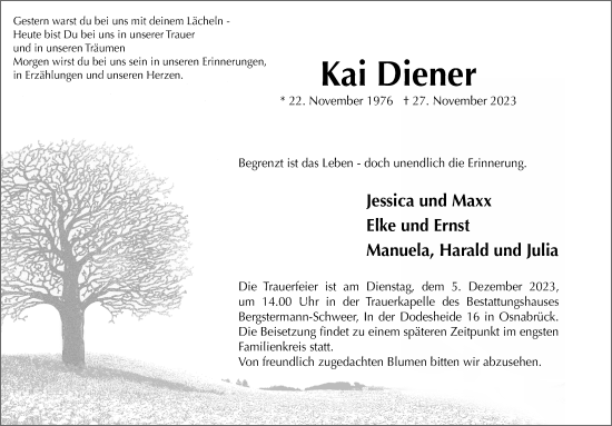 Traueranzeige von Kai Diener von Neue Osnabrücker Zeitung GmbH & Co. KG
