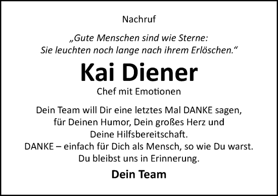 Traueranzeige von Kai Diener von Neue Osnabrücker Zeitung GmbH & Co. KG