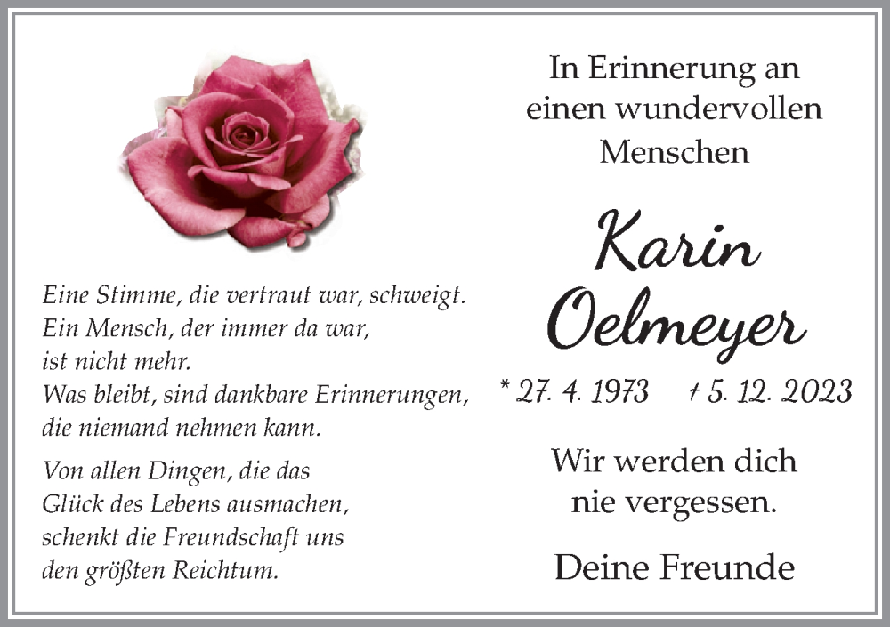  Traueranzeige für Karin Oelmeyer vom 30.12.2023 aus Neue Osnabrücker Zeitung GmbH & Co. KG