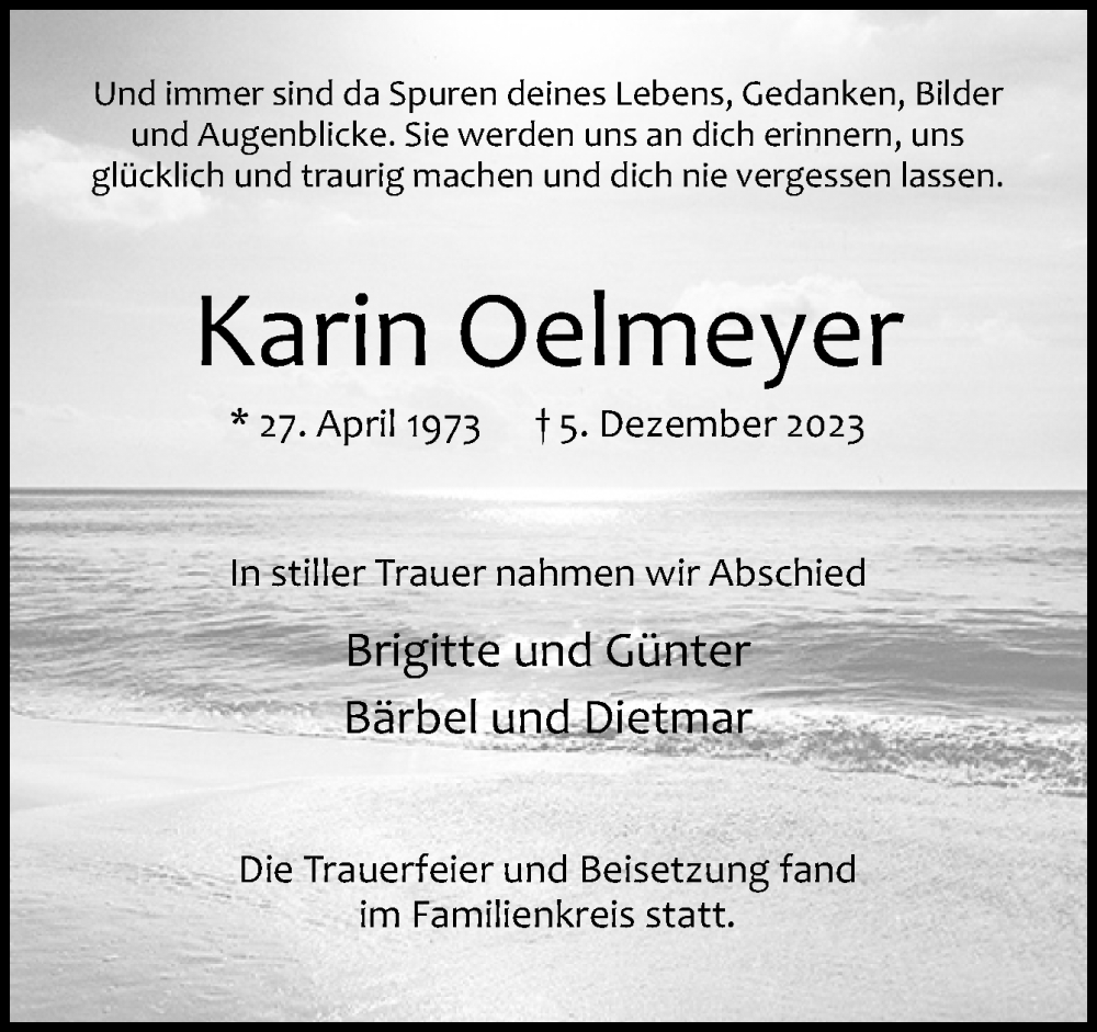  Traueranzeige für Karin Oelmeyer vom 23.12.2023 aus Neue Osnabrücker Zeitung GmbH & Co. KG