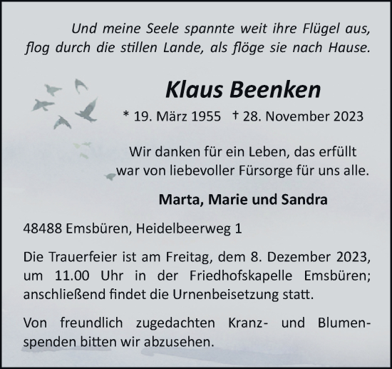 Traueranzeige von Klaus Beenken von Neue Osnabrücker Zeitung GmbH & Co. KG