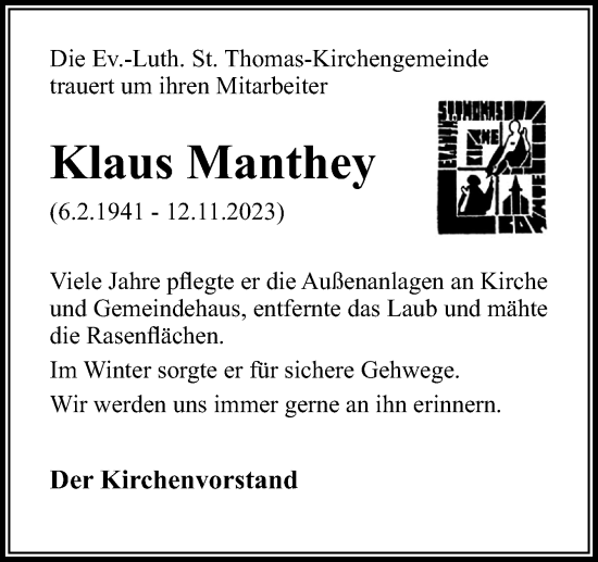 Traueranzeige von Klaus Manthey von Neue Osnabrücker Zeitung GmbH & Co. KG