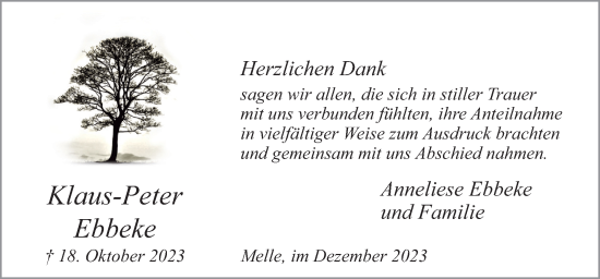 Traueranzeige von Klaus-Peter Ebbeke von Neue Osnabrücker Zeitung GmbH & Co. KG
