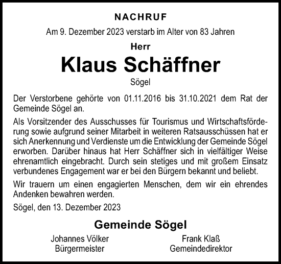 Traueranzeige von Klaus Schäffner von Neue Osnabrücker Zeitung GmbH & Co. KG