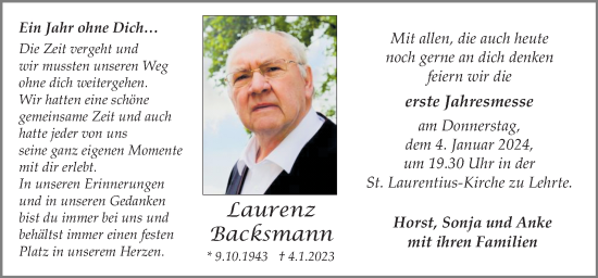 Traueranzeige von Laurenz Backsmann von Neue Osnabrücker Zeitung GmbH & Co. KG