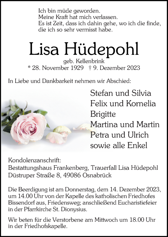 Traueranzeige von Lisa Hüdepohl von Neue Osnabrücker Zeitung GmbH & Co. KG