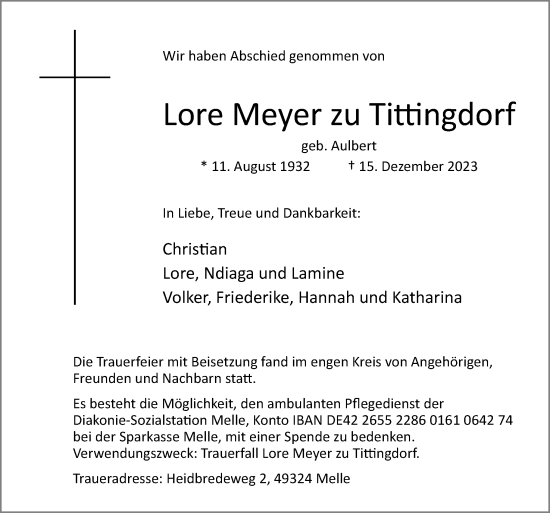 Traueranzeige von Lore Meyer zu Tittingdorf von Neue Osnabrücker Zeitung GmbH & Co. KG