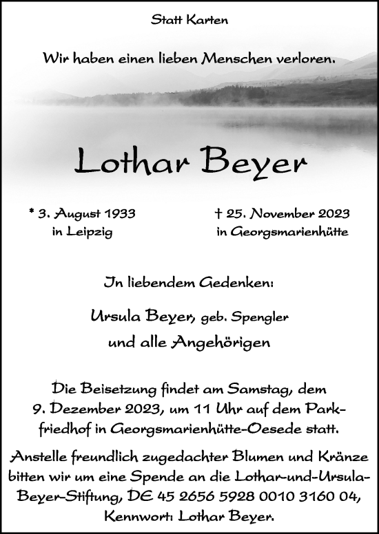 Traueranzeige von Lothar Beyer von Neue Osnabrücker Zeitung GmbH & Co. KG