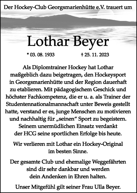 Traueranzeige von Lothar Beyer von Neue Osnabrücker Zeitung GmbH & Co. KG