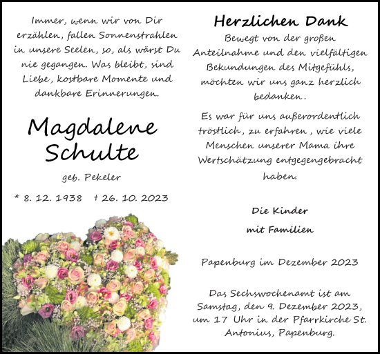Traueranzeige von Magdalene Schulte von Neue Osnabrücker Zeitung GmbH & Co. KG