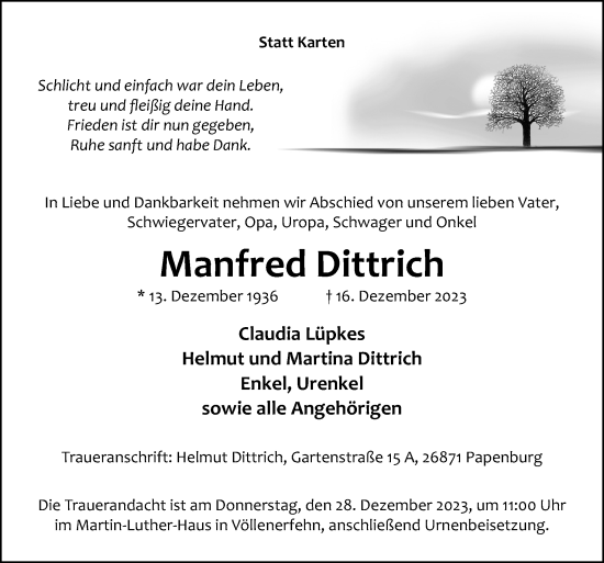 Traueranzeige von Manfred Dittrich von Neue Osnabrücker Zeitung GmbH & Co. KG