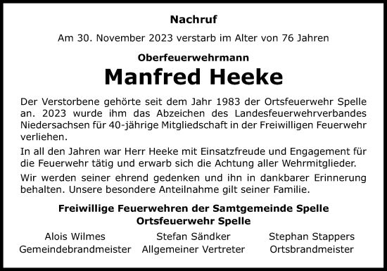 Traueranzeige von Manfred Heeke von Neue Osnabrücker Zeitung GmbH & Co. KG