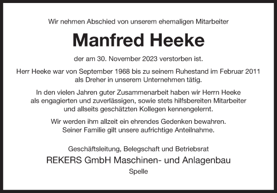 Traueranzeige von Manfred Heeke von Neue Osnabrücker Zeitung GmbH & Co. KG
