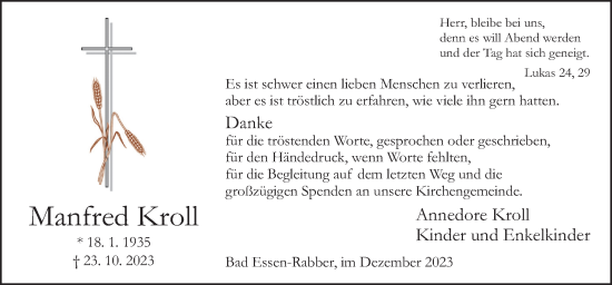 Traueranzeige von Manfred Kroll von Neue Osnabrücker Zeitung GmbH & Co. KG