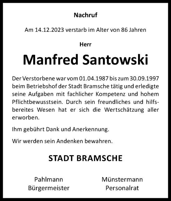 Traueranzeige von Manfred Santowski von Neue Osnabrücker Zeitung GmbH & Co. KG