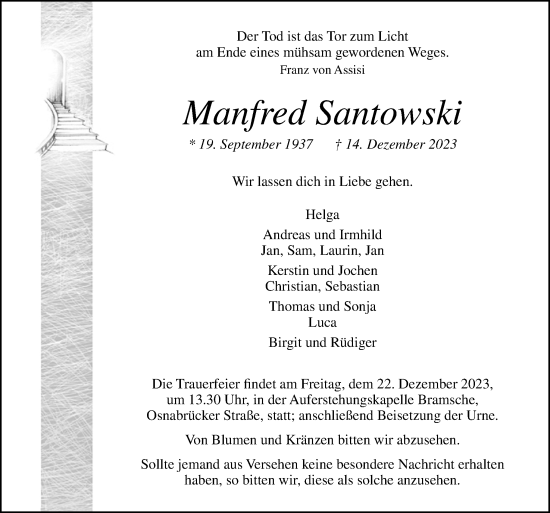 Traueranzeige von Manfred Santowski von Neue Osnabrücker Zeitung GmbH & Co. KG