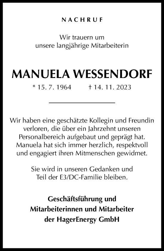 Traueranzeige von Manuela Wessendorf von Neue Osnabrücker Zeitung GmbH & Co. KG