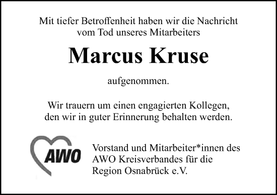 Traueranzeige von Marcus Kruse von Neue Osnabrücker Zeitung GmbH & Co. KG