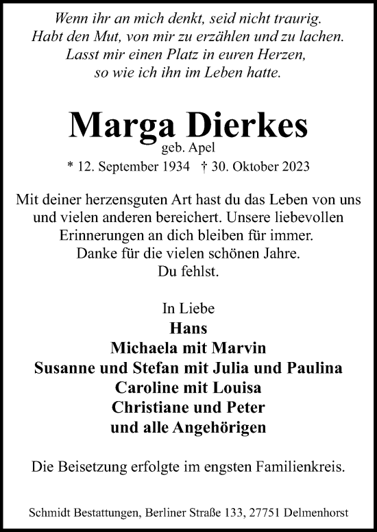 Traueranzeige von Marga Dierkes von DK Medien GmbH & Co. KG