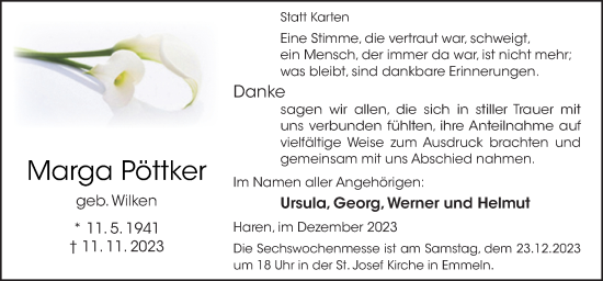 Traueranzeige von Marga Pöttker von Neue Osnabrücker Zeitung GmbH & Co. KG