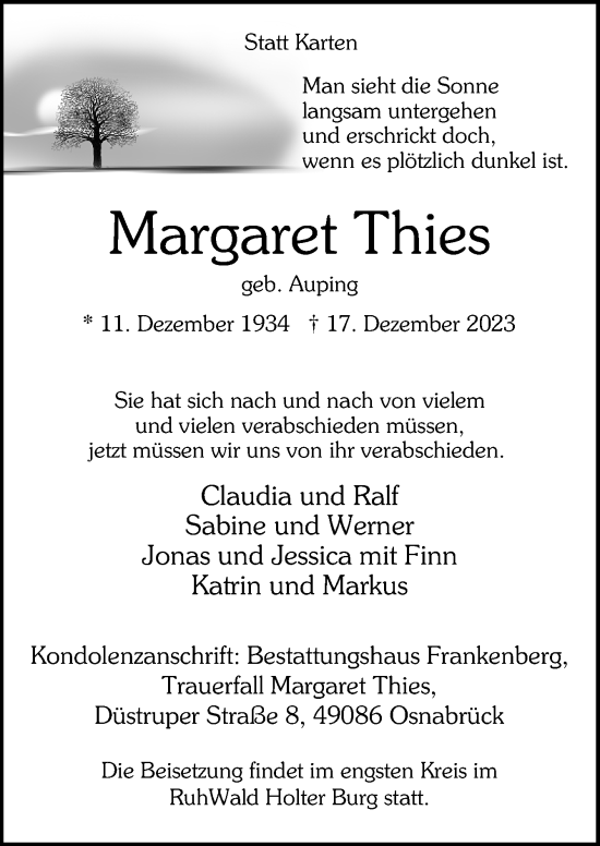 Traueranzeige von Margaret Thies von Neue Osnabrücker Zeitung GmbH & Co. KG