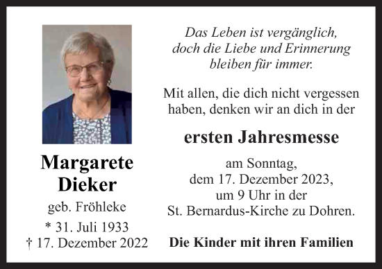 Traueranzeige von Margarete Dieker von Neue Osnabrücker Zeitung GmbH & Co. KG