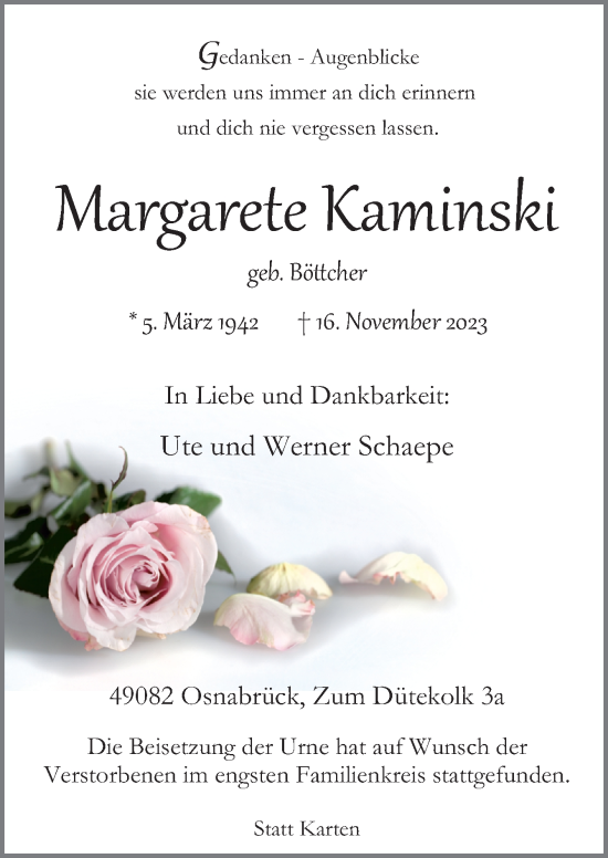 Traueranzeige von Margarete Kaminski von Neue Osnabrücker Zeitung GmbH & Co. KG