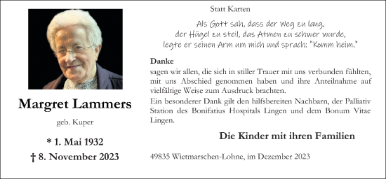 Traueranzeige von Margret Lammers von Neue Osnabrücker Zeitung GmbH & Co. KG