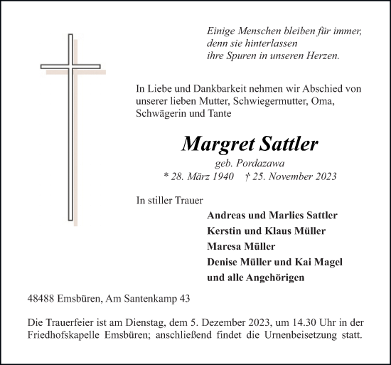 Traueranzeige von Margret Sattler von Neue Osnabrücker Zeitung GmbH & Co. KG