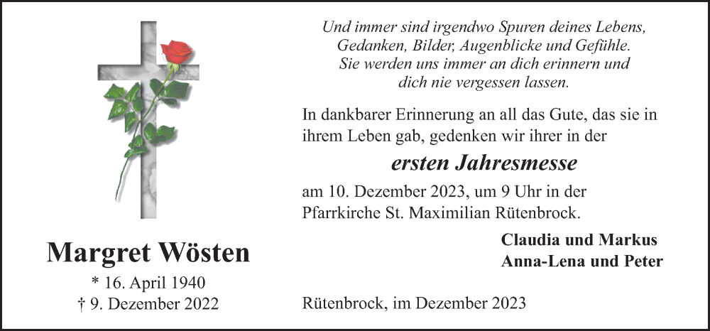  Traueranzeige für Margret Wösten vom 09.12.2023 aus Neue Osnabrücker Zeitung GmbH & Co. KG