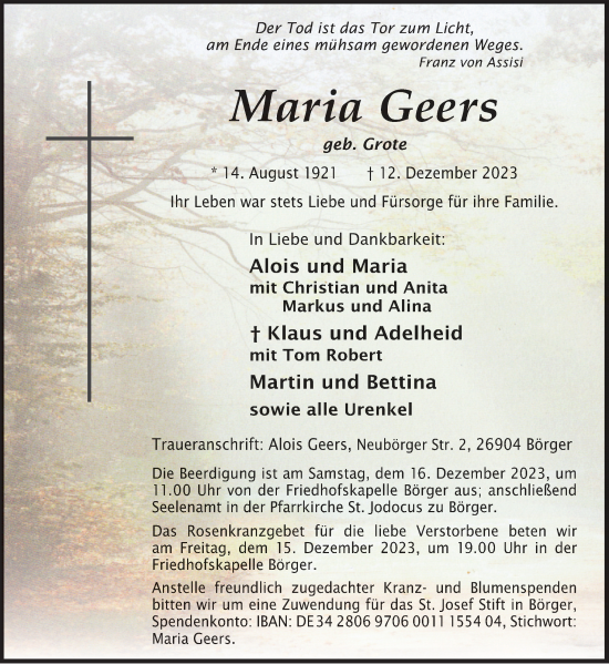 Traueranzeige von Maria Geers von Neue Osnabrücker Zeitung GmbH & Co. KG