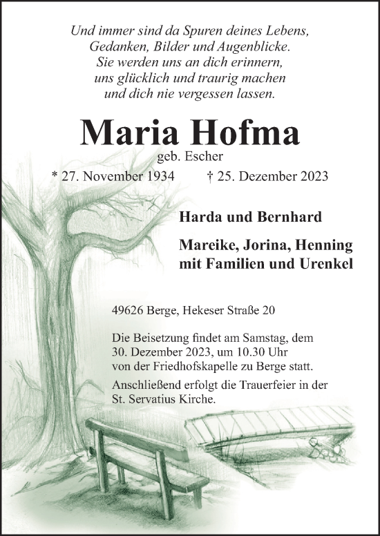 Traueranzeige von Maria Hofma von Neue Osnabrücker Zeitung GmbH & Co. KG