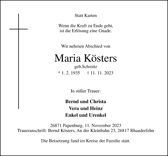 Traueranzeige von Maria Kösters von Neue Osnabrücker Zeitung GmbH & Co. KG