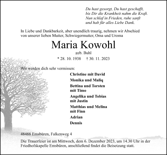Traueranzeige von Maria Kowohl von Neue Osnabrücker Zeitung GmbH & Co. KG