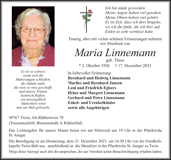 Traueranzeige von Maria Linnemann von Neue Osnabrücker Zeitung GmbH & Co. KG