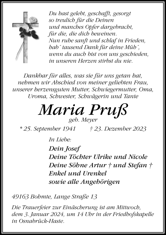 Traueranzeige von Maria Pruß von Neue Osnabrücker Zeitung GmbH & Co. KG