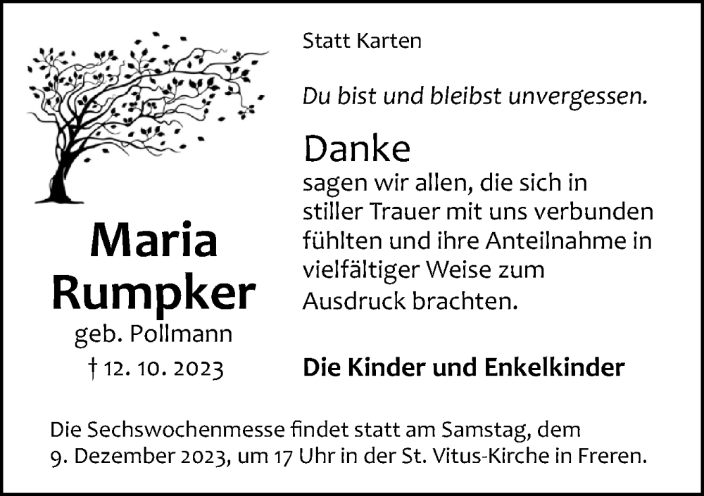  Traueranzeige für Maria Rumpker vom 02.12.2023 aus Neue Osnabrücker Zeitung GmbH & Co. KG