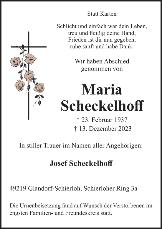 Traueranzeige von Maria Scheckelhoff von Neue Osnabrücker Zeitung GmbH & Co. KG