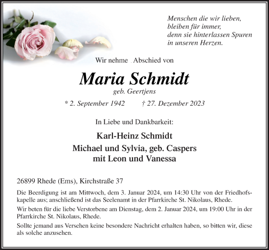 Traueranzeige von Maria Schmidt von Neue Osnabrücker Zeitung GmbH & Co. KG