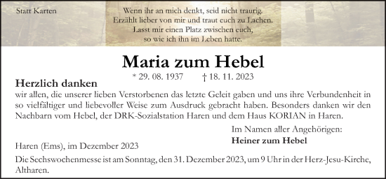 Traueranzeige von Maria zum Hebel von Neue Osnabrücker Zeitung GmbH & Co. KG