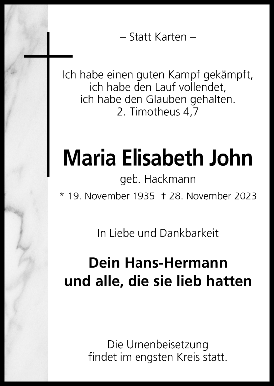 Traueranzeige von Maria Elisabeth John von Neue Osnabrücker Zeitung GmbH & Co. KG