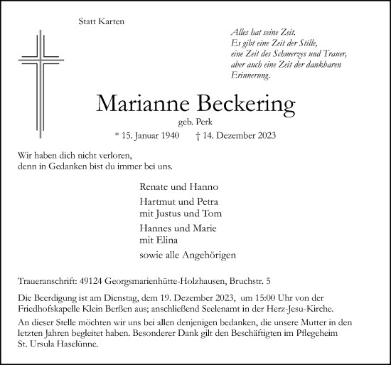 Traueranzeige von Marianne Beckering von Neue Osnabrücker Zeitung GmbH & Co. KG