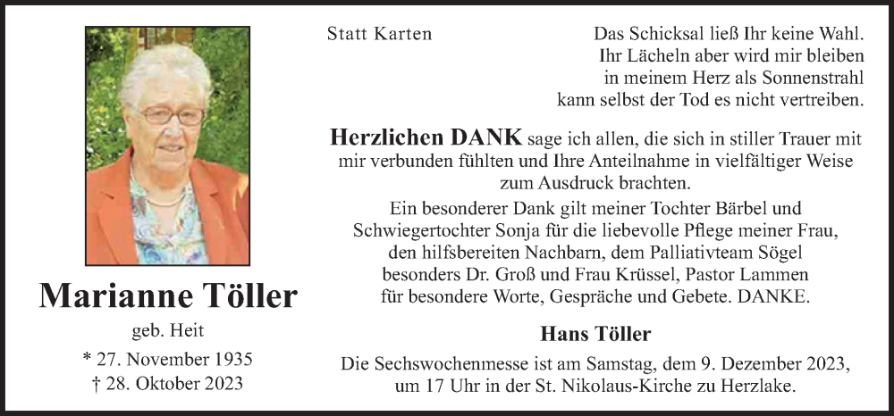  Traueranzeige für Marianne Töller vom 06.12.2023 aus Neue Osnabrücker Zeitung GmbH & Co. KG