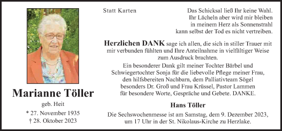 Traueranzeige von Marianne Töller von Neue Osnabrücker Zeitung GmbH & Co. KG