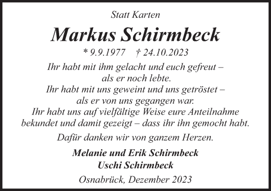 Traueranzeige von Markus Schirmbeck von Neue Osnabrücker Zeitung GmbH & Co. KG