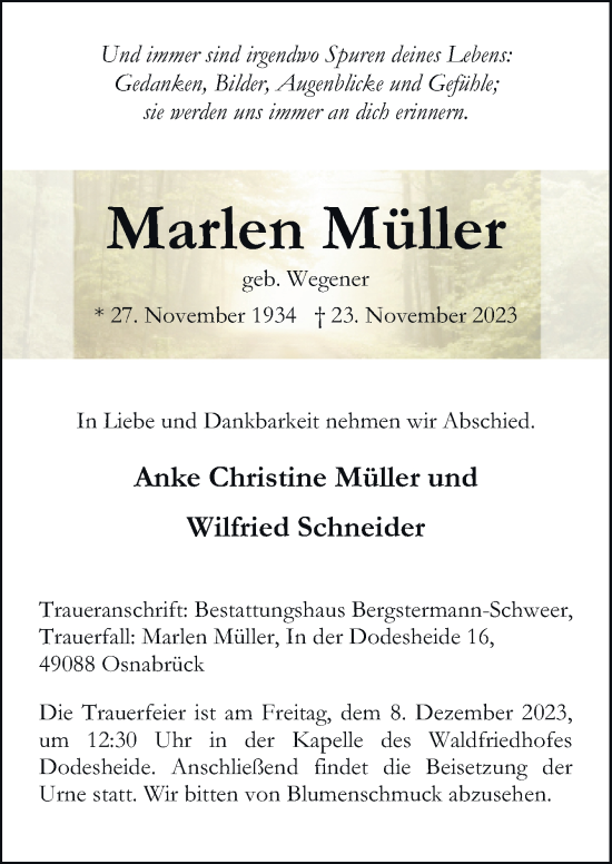 Traueranzeige von Marlen Müller von Neue Osnabrücker Zeitung GmbH & Co. KG