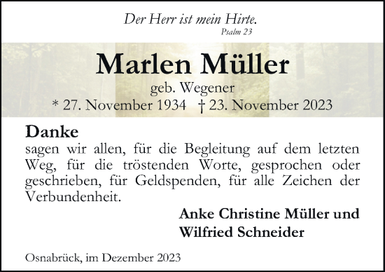 Traueranzeige von Marlen Müller von Neue Osnabrücker Zeitung GmbH & Co. KG