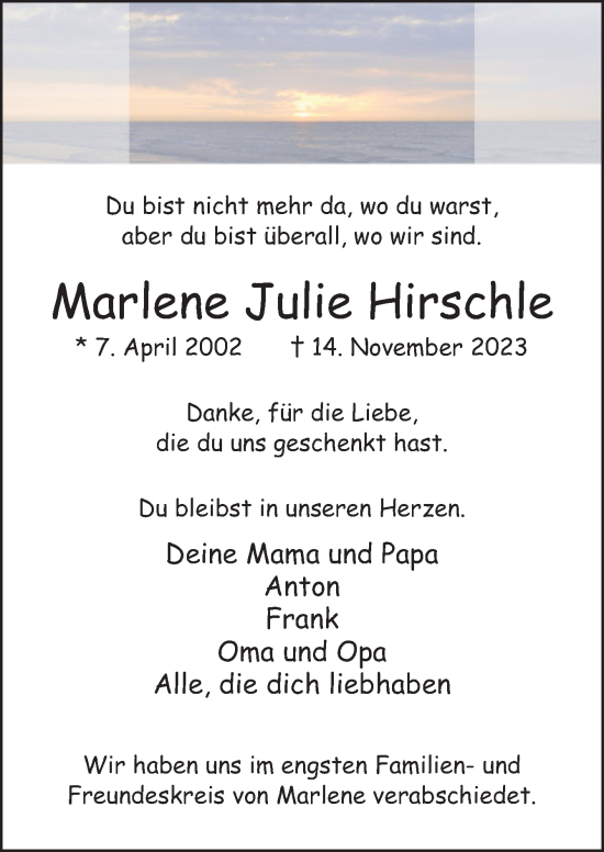 Traueranzeige von Marlene Julie Hirschle von Neue Osnabrücker Zeitung GmbH & Co. KG